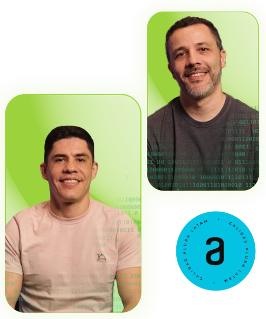 Imagen de instructores de la Inmersión BI de Alura, presentando de izquierda a derecha, Christian Velasco y Roberto Sabino. Están parados frente a un fondo verde, cada uno con camisas informales y sonriendo a la cámara.