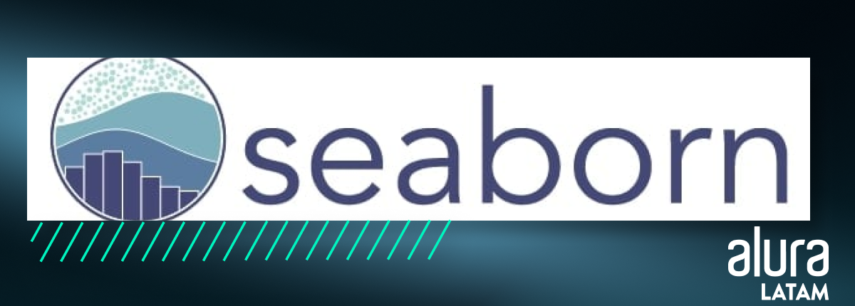 alt text: Logotipo de la biblioteca Seaborn en diferentes tonalidades de azul. A la izquierda tenemos el ícono con algunos tipos de gráficos dentro de un círculo. A la derecha del ícono está la palabra “seaborn”.