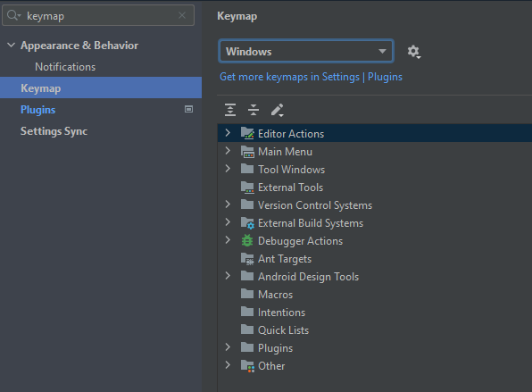 Pestaña de búsqueda en la sección de configuración de Intellij. Dice "keymap" como clave para buscar en la pestaña de búsqueda de la funcionalidad Keymap