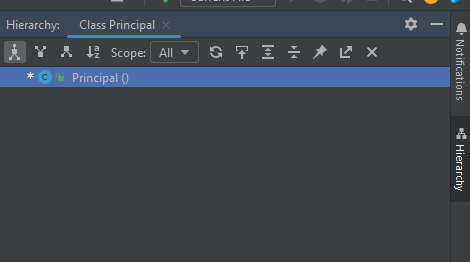 Pantalla de jerarquía de clases del proyecto. En este ejemplo, solo mostramos la clase "Principal" porque es la clase principal del proyecto.