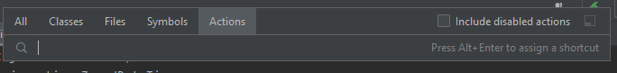 Pantalla de búsqueda en el proyecto. Muestra la sección "Actions" seleccionada entre las opciones: All, Classes, Files, Symbols y Actions para buscar dentro del proyecto.