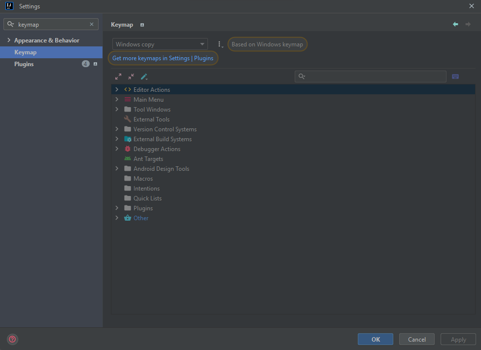  pestaña Keymap, dentro de la ventana Settings en IntelliJ