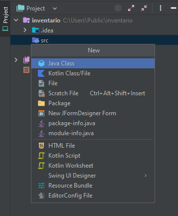 creación de una nueva clase Java IntelliJ, en el paquete src