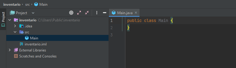  creación de la clase Main en IntelliJ