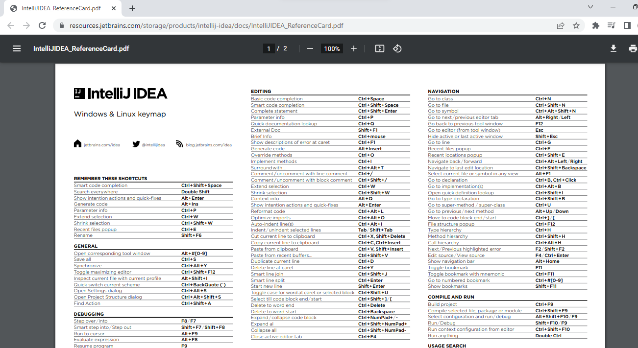 Imagen del archivo pdf con el mapa de teclas para Windows y Linux en IntelliJ Idea