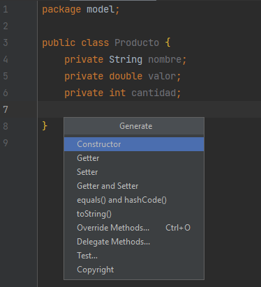 Atajo Generate, para la generación de getters y setters de los atributos de la clase Producto en el paquete model