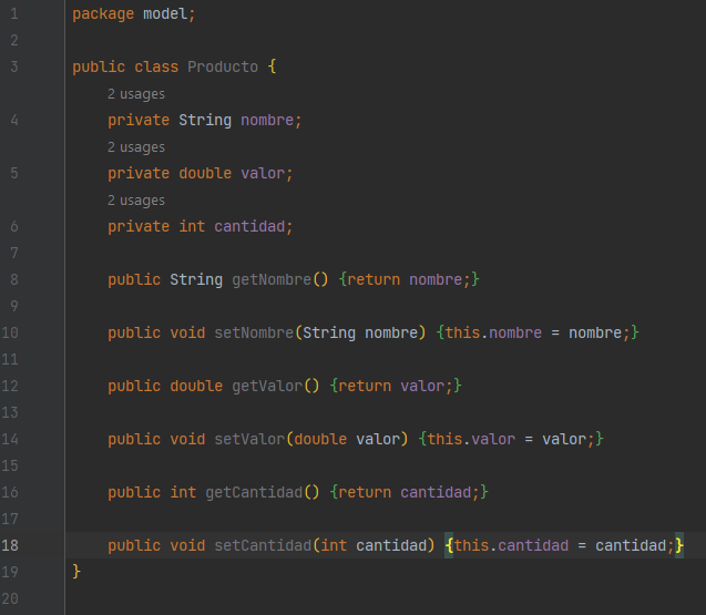 clase Producto después de la generación de los getters y setters para sus atributos