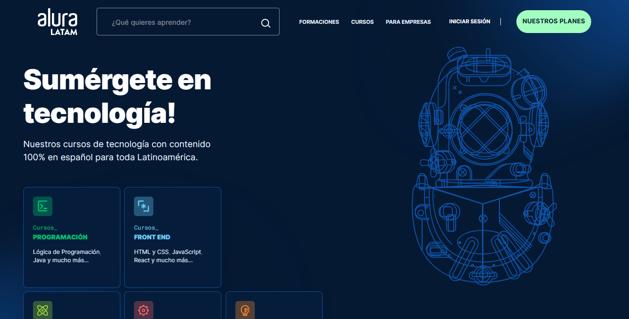 img-01: Pantalla inicial del sitio Alura Latam. Presenta el texto inicial "¡Sumérgete en tecnología!" junto a un ícono de buzo submarino. También cuenta con 5 tarjetas que mencionan las formaciones de la plataforma: Programación, Front-end, Ciencia de Datos, DevOps e Innovación y Gestión.