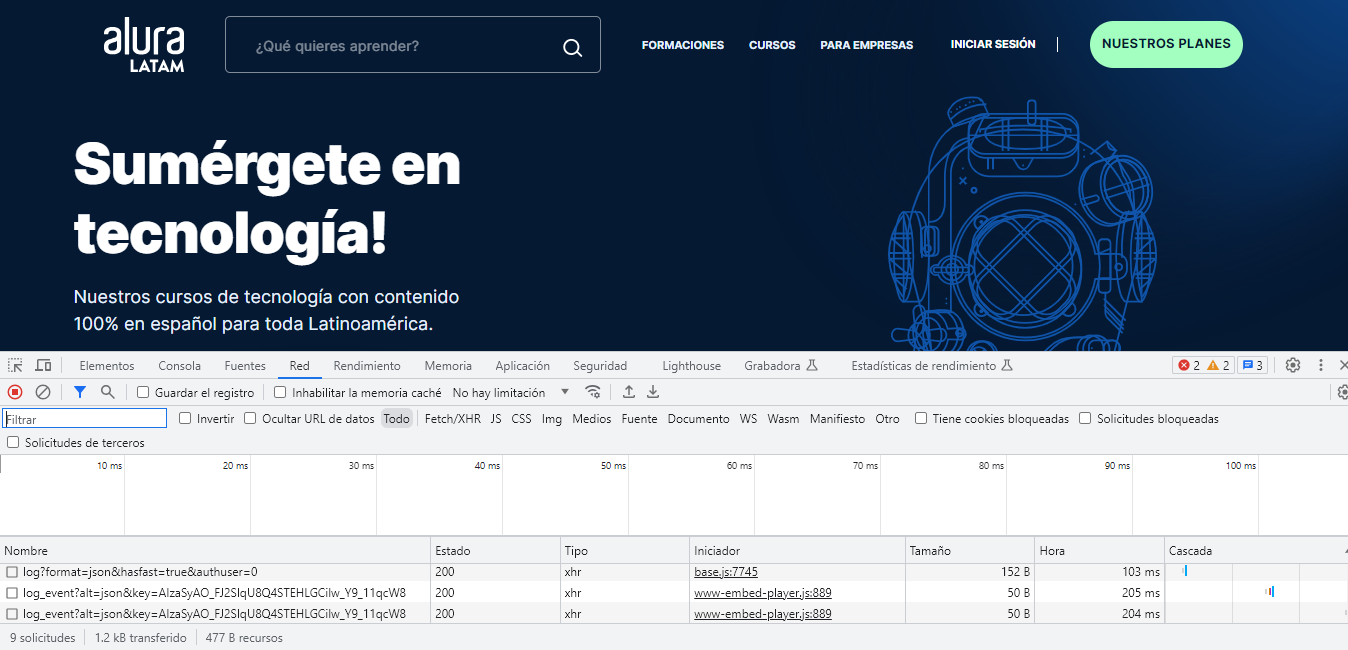 img-02: Pantalla inicial del sitio Alura Latam. Presenta el texto inicial "¡Sumérgete en la tecnología!" junto a un ícono de buzo submarino. También muestra la pantalla de las Herramientas de Desarrollo del navegador, con la sección de Red seleccionada, mostrando algunas solicitudes.