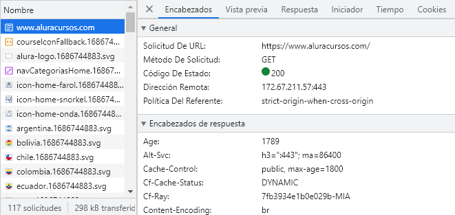 img-05: Fragmento de la pantalla de Herramientas de Desarrollo que muestra la solicitud www.aluracursos.com seleccionada, junto con la información general y el encabezado de la solicitud. La solicitud es de tipo GET y tiene estado 200.