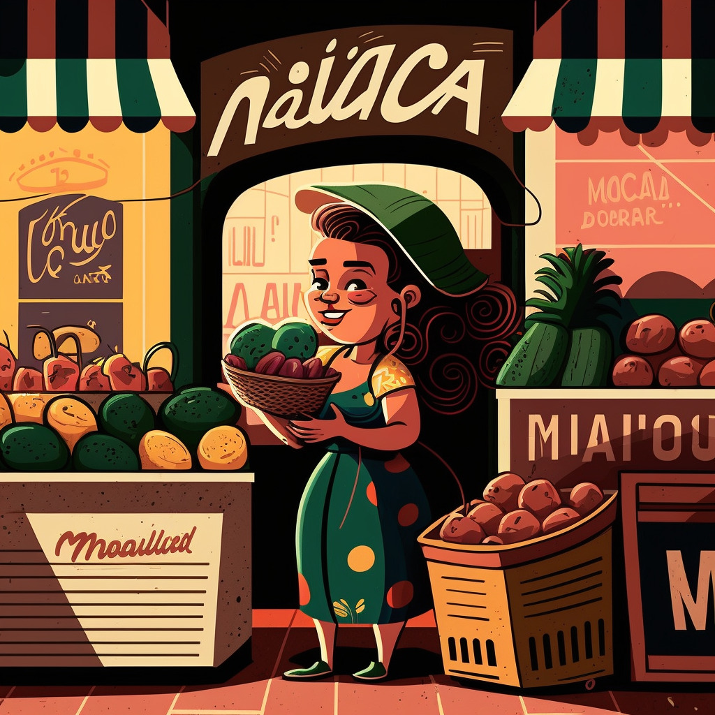 Imagen creada por Midjourney - IA de imagen generativa - Mujer con vestido sosteniendo una cesta de fruta, junto a mesas con fruta a la venta.