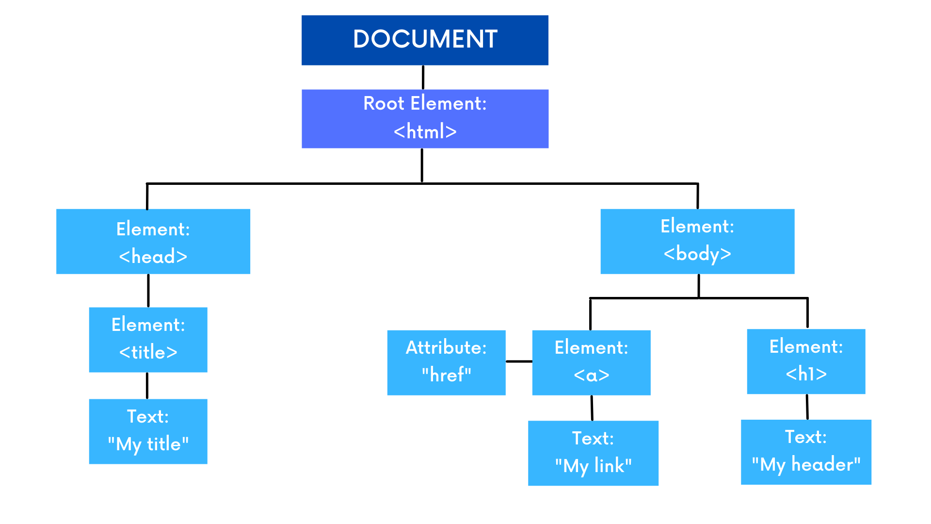 alt tex: Diagrama DOM. En el eje vertical y en la primera línea, tienes el objeto document. A partir de ahí, se abren dos ramas: una para el objeto head y otra para el objeto body. A la izquierda, el objeto head se bifurca al objeto title y el objeto title se bifurca a su valor, con el texto en inglés My title. Volviendo al objeto html, abajo y a la derecha, está el objeto body, que se extiende a los objetos a y h1. En el objeto a, bifurcándose hacia abajo y al lado izquierdo, bifurca hacia su izquierda el atributo href y hacia abajo el valor en inglés My link. Volviendo a la etiqueta body, debajo y al lado derecho está la etiqueta h1, y se ramifica hacia abajo con el valor, el texto en inglés, My header.