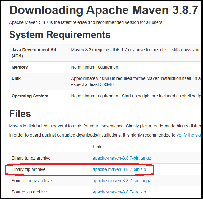 Lista de opciones de descarga de Maven presentes en la página de descarga de Maven. Está marcada la opción 'Binario zip Archive' con el enlace 'apache-Maven-3.8.7-bin.zip'.