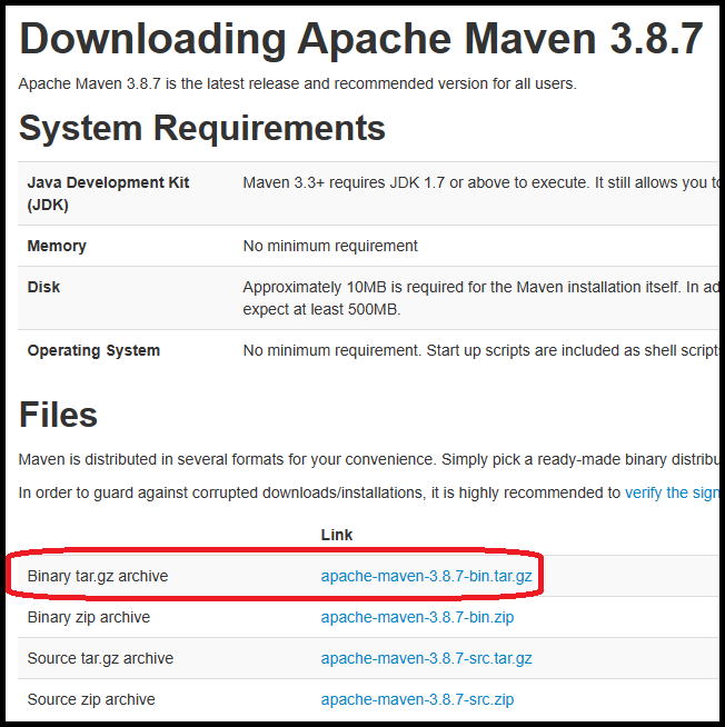 Lista de opciones de descarga de Maven presentes en la página de descarga de Maven. Está marcada la opción 'Binario zip Archive' con el enlace 'apache-Maven-3.8.7-bin.tar.gz'.