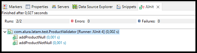 Consola de JUnit. Tiene el encabezado con: 2/2 Runs, 0 Errores y 0 Fallos. Debajo del encabezado tiene la descripción de la clase de prueba y los métodos ejecutados, con el tiempo de ejecución: clase ProductValidator (0,002s), método addProductNull (0,001s) y método addProductNotNull (0,001s).