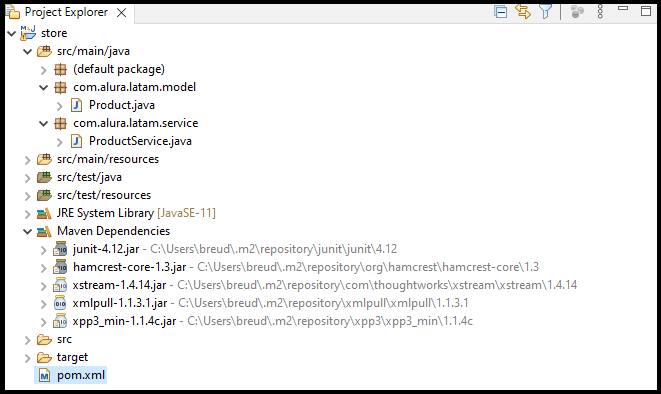 Carpetas y archivos del proyecto Maven. Se resaltan las dependencias añadidas vía pom.xml: junit-4.12.jar, hamcrest-core-1.3.jar, xstream-1.4.14.jar, xmlpull-1.1.3.1. jar y xpp3_min-1.1.4c.jar. 