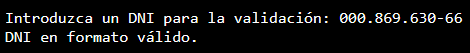 img-02, descripción: Fragmento de la pantalla de la consola donde el usuario ingresa el DNI 000.869.630-66 y se muestra como resultado el mensaje DNI en formato válido.