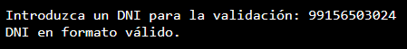 img-03, Descripción de imagen: Fragmento de la pantalla de la consola donde el usuario ingresa el DNI 99156503024 y se muestra como resultado el mensaje DNI en formato válido.