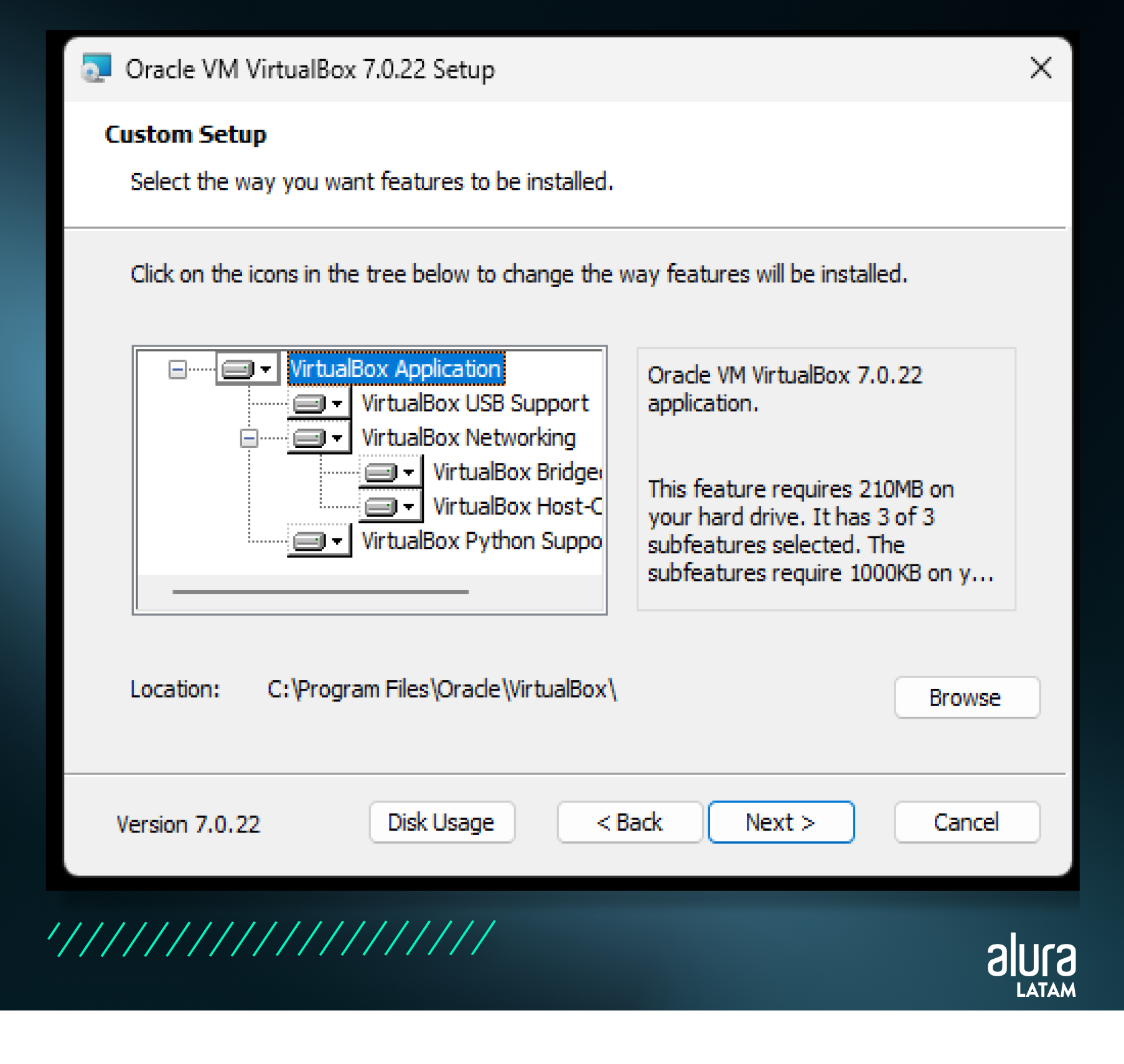 Paso 02 - descripción de imagen: Captura de pantalla muestra la sección Custom Setup del instalador de Oracle VM VirtualBox 7.0.22. En esta etapa, el usuario puede seleccionar las características específicas del software que desea instalar. Detalles: Hay un árbol de opciones con componentes como: 1. VirtualBox USB Support 2. VirtualBox Networking 3. VirtualBox Python Support. A la derecha, hay una descripción que indica qué función está seleccionada, cuánto espacio ocupa en el disco duro (210 MB en este caso) y cuántos subcomponentes están seleccionados. En la parte inferior: 1. Un campo muestra la ubicación de instalación (por defecto: `C:\Program Files\Oracle\VirtualBox\`). 2. Botones: 2.1 Browse (para cambiar la ubicación de instalación) 2.2 Disk Usage (para ver el uso de disco) 2.3 Back, 2.4 Next > y 2.5 Cancel.